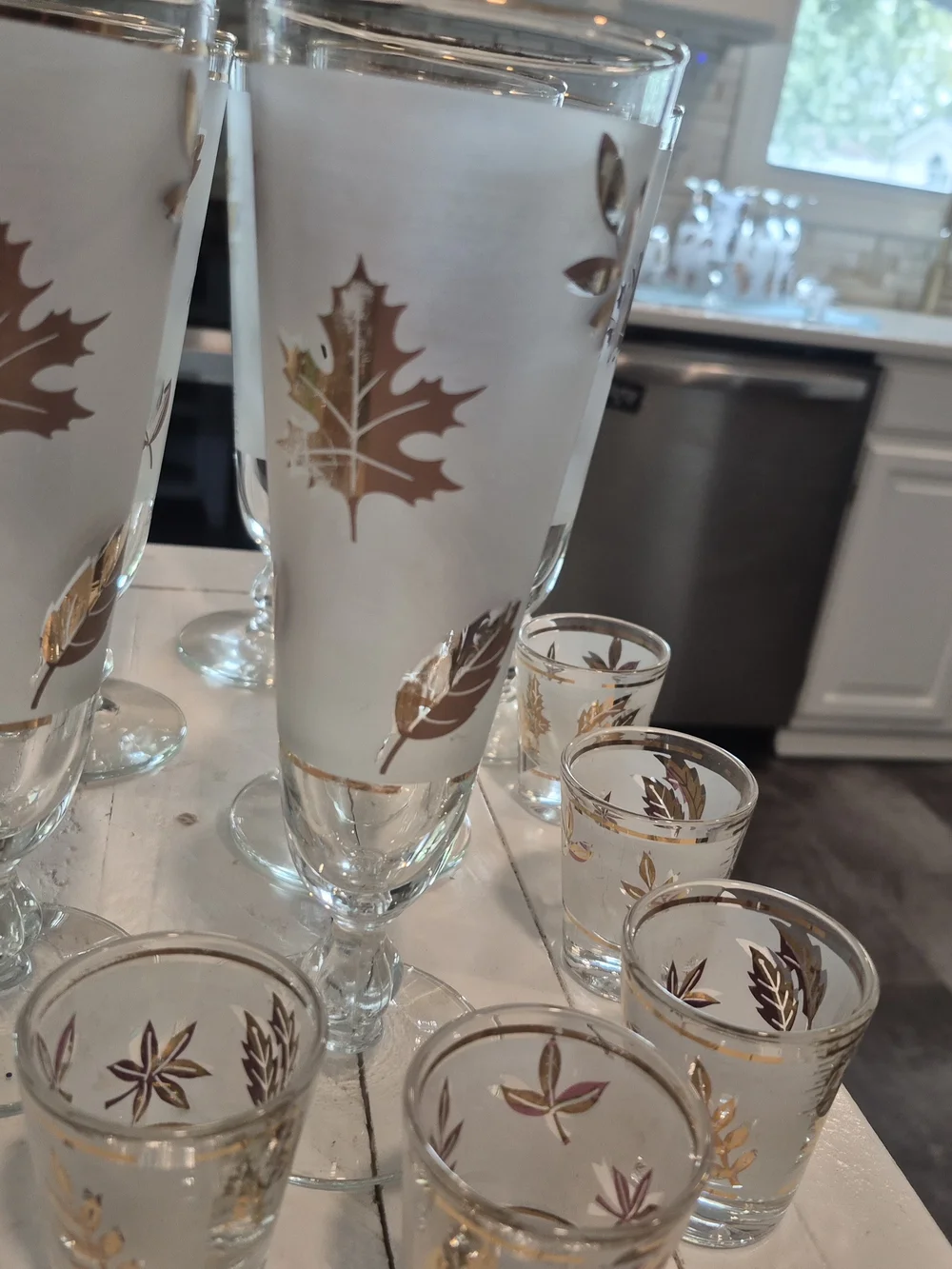 Frosted Glass Stemware and Shot Glass Set with Gold Leaf Motif - White and Gold